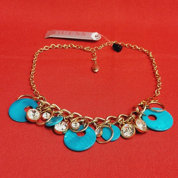 Guess Necklace Blue Teal Beads Gold Tone Clear Rhinestones - Picture 4 of 10